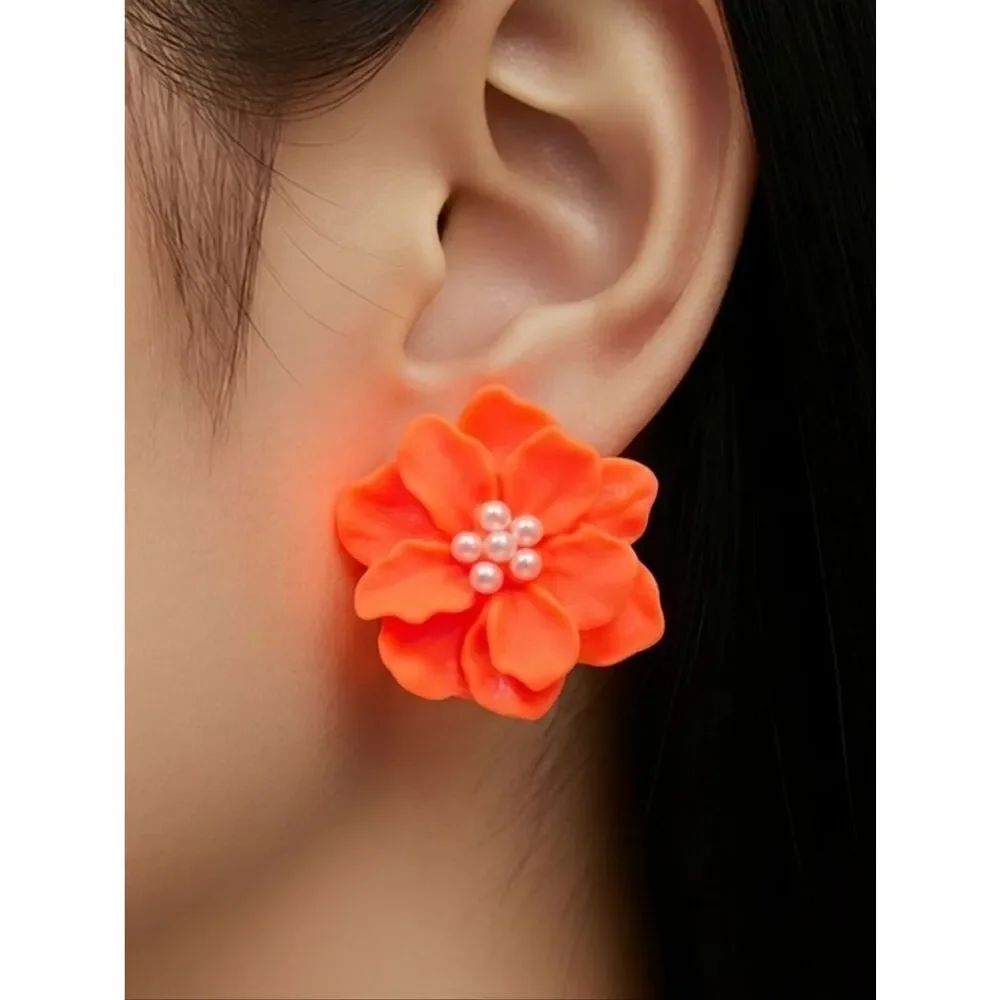 Neon Orange Floral Stud Earrings Pearl Accents – Bold Resin Flower Colorful